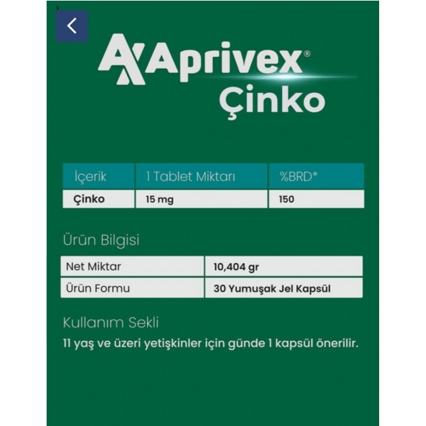Aprivex Çinko 30 Yumuşak Kapsül
